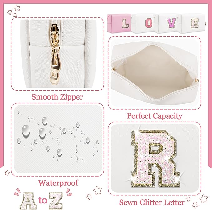 Personalized Initial Letter Makeup Bag, Small Glitter Letter Patch Cosmetic Pouch Zipper, Preppy Makeup Organizer PU Waterproof Travel Toiletry Bag,Monogrammed Birthday Gift for Women Girls(Letter R)