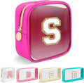 Mini Clear Personalized Initial Makeup Bag,Nylon Preppy A-Z Chenille Letter Patch Zipper Cosmetic Bag, Small Cute Beach Pouch Travel Purse Sanitary Napkin Storage Bag for Women Girls(Hot Pink-White S)