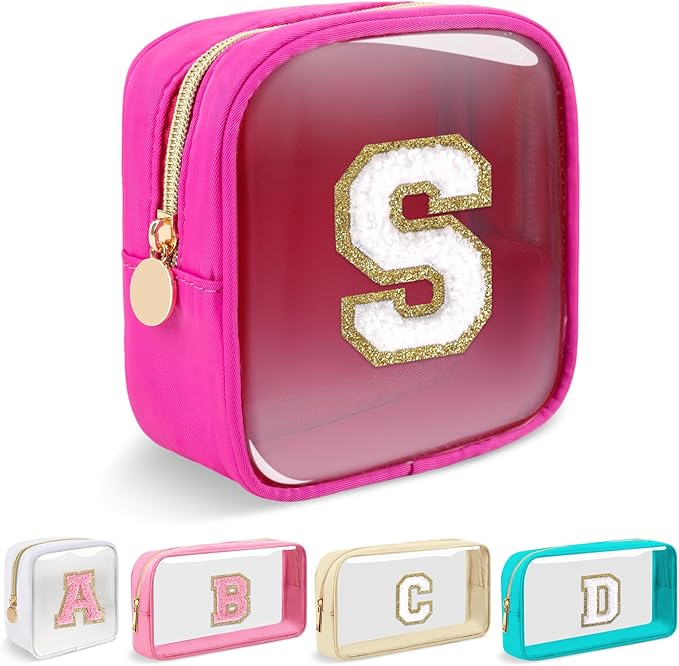 Mini Clear Personalized Initial Makeup Bag,Nylon Preppy A-Z Chenille Letter Patch Zipper Cosmetic Bag, Small Cute Beach Pouch Travel Purse Sanitary Napkin Storage Bag for Women Girls(Hot Pink-White S)