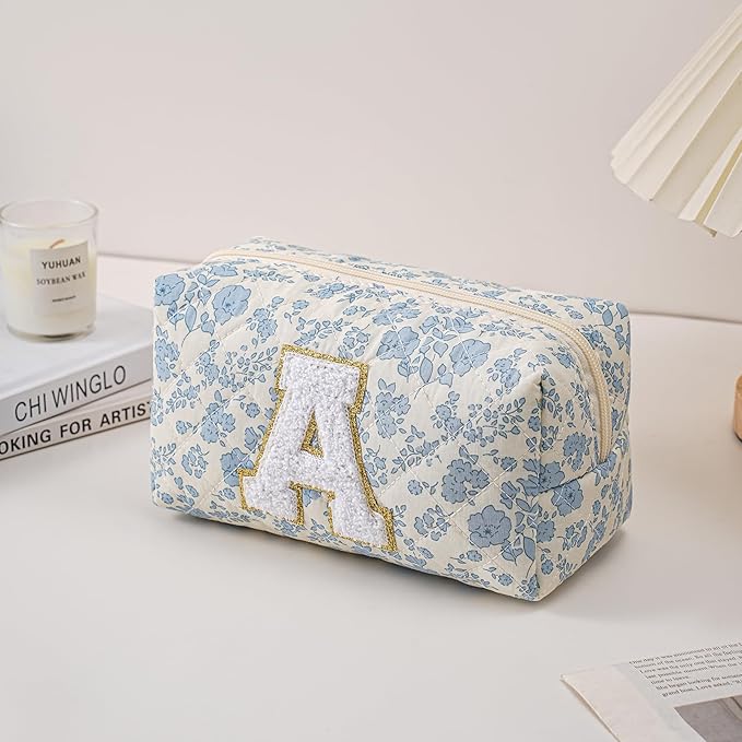 Gleyemor Personalized Initial Makeup Bag for Women, Cute Quilted Blue Floral Cotton Cosmetic Bag, Christmas Gifts for Her Mom Friend Sister Bridesmaid Teacher Women A