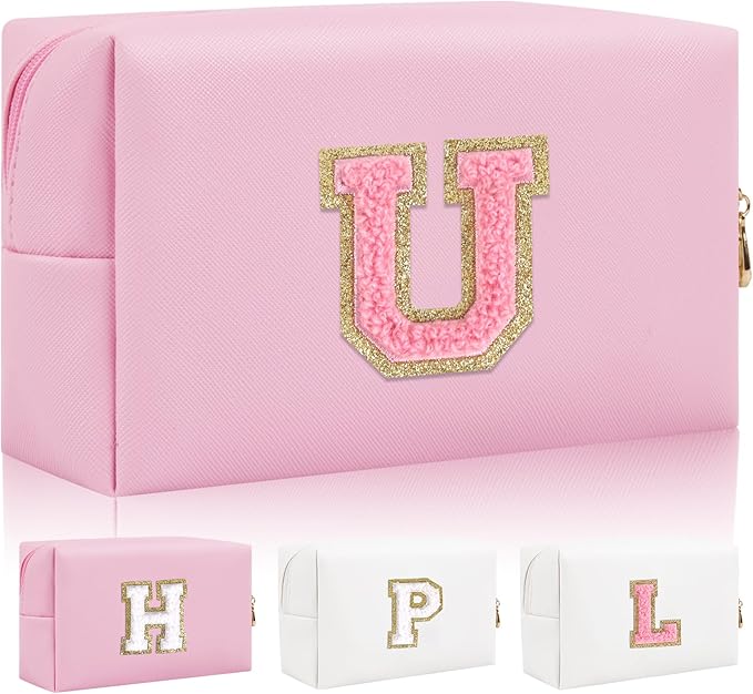 Personalized Initial Letter Patch Makeup Bag, Preppy Small Chenille Letter Cosmetic Bag with Zipper, PU Leather Waterproof Travel Toiletry Bag Monogram Make Up Pouch for Women Girls(Letter U)