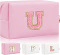Personalized Initial Letter Patch Makeup Bag, Preppy Small Chenille Letter Cosmetic Bag with Zipper, PU Leather Waterproof Travel Toiletry Bag Monogram Make Up Pouch for Women Girls(Letter U)
