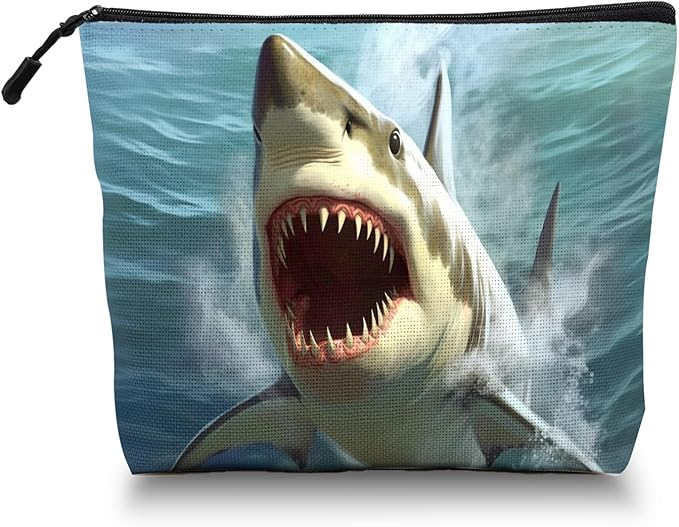 Cosmetic Bags Travel Makeup Toilet Case Waterproof Pouch for Women Girls 6.7X9.45inches - Close - Up of A Great White Shark With Open Mouth