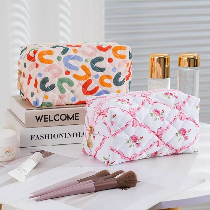 Makeup Bag Travel Toiletry Bag for Women, Small Cosmetic Bags Cute Quilted Cotton Makeup Pouch for Purse Emergency Bag for School Floral Pencil Case Accessory Bag, Bow and Floral
