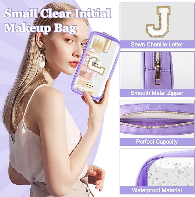 Small Clear Personalized Initial Makeup Bag,Nylon Preppy A-Z Chenille Letter Patch Cosmetic Pouch Beach Toiletry Bag,Waterproof Zip Travel Purse Storage Bag Organizer for Women Girls(Purple-White J)