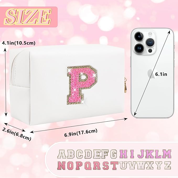 Personalized Initial Makeup Bag, Small Preppy Glitter Letter Cosmetic Pouch, PU Waterproof Zipper Travel Toiletry Bag, Unique Letter Patch Makeup Organizer Gift for Women Teen Girls