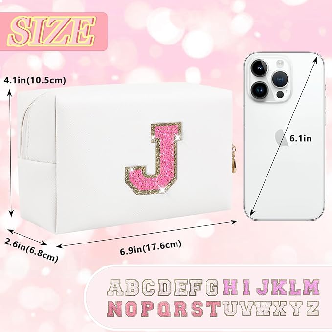 Initial Letter Patch Makeup Bag, Small Preppy A-Z Glitter Letter Cosmetic Bag, PU Leather Waterproof Travel Toiletry Bag, Cute Make Up Pouch Personalized Monogrammed Gift for Women Teen Girls