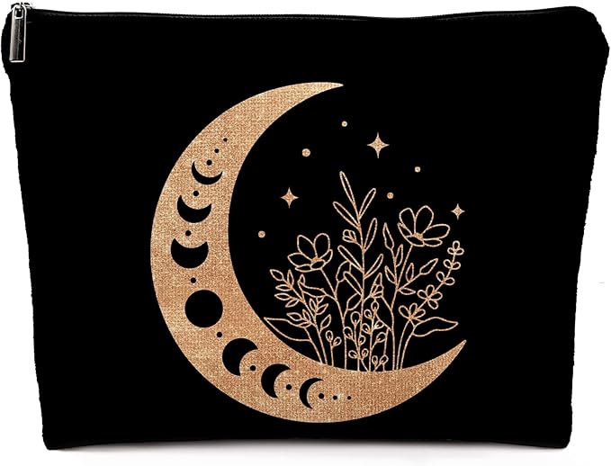 Boho Floral Celestial Crescent Moon Phase Makeup Bag, Mystical Crescent Moon Linen Makeup Travel Toiletry Bag, Abstract Floral Moon Cosmetic Bag Gifts For Girls Women Daughter Sister