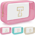 Personalized Initial Clear Makeup Bag, Travel Chenille Patch Cosmetic Bag, Preppy Toiletry Bag Monogram Cosmetic Pouch with Zipper, Ideal Gift for Teen Girls Women (Clear-Pink, T)