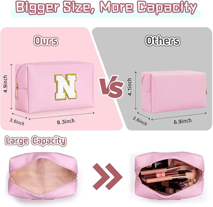 TOPEAST Initial Cosmetic Bag, PU Leather Waterproof Travel Toiletry Bag, Monogrammed Gifts for Women, Personalized Birthday Gift for Sister Friends, Cute Stuff for Girls (Pink K)