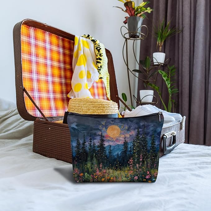 Watercolor Full Moon Above the Wildflowers Makeup bag, Cottagecore Accessories Cosmetic Bag, Cottagecore Gifts, Mystical Under Cold Moons Scenic Cosmetic Bag Toiletry Bag