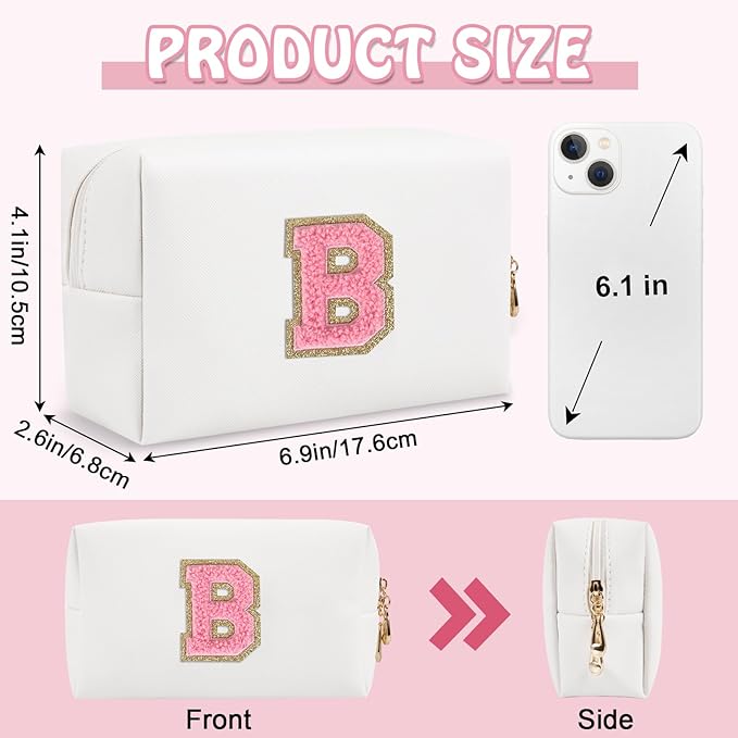 Personalized Initial Travel Preppy Makeup Bag, Small Cute White Cosmetic Pouch Monogram Toiletry Zipper Pouch, Waterproof PU Glitter Make Up Bags Storage Birthday Bridal Shower Women Gift (Letter B)