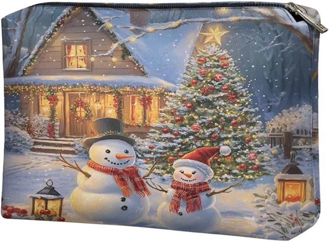 COEQINE Small Make Up Bags for Purses Cute Snowman Christmas Treee Cute Cosmetic Bag for Women Leather Aesthetic Toiletry Bag Waterproof Travel Make Up Organizer Bag