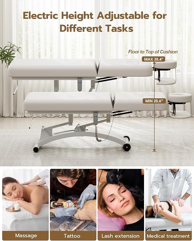 Paddie 550lbs Electric Lift Massage Table Professional for Treatment/Facial/Beauty/Spa/Physical Therapy, Adjustable Backrest/Face Cradle/Rolling Wheels, White