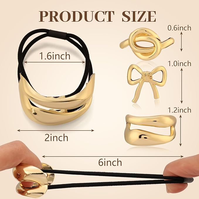 3PCS Gold Hair Ties for Women, Stretchy Metal Hair Ties for Thick Hair, Non-Damage Gold Ponytail Cuff Holders, Elegant Geometric Hair Accessories for Women, 3 Styles in Box Holiday Christmas Gifts