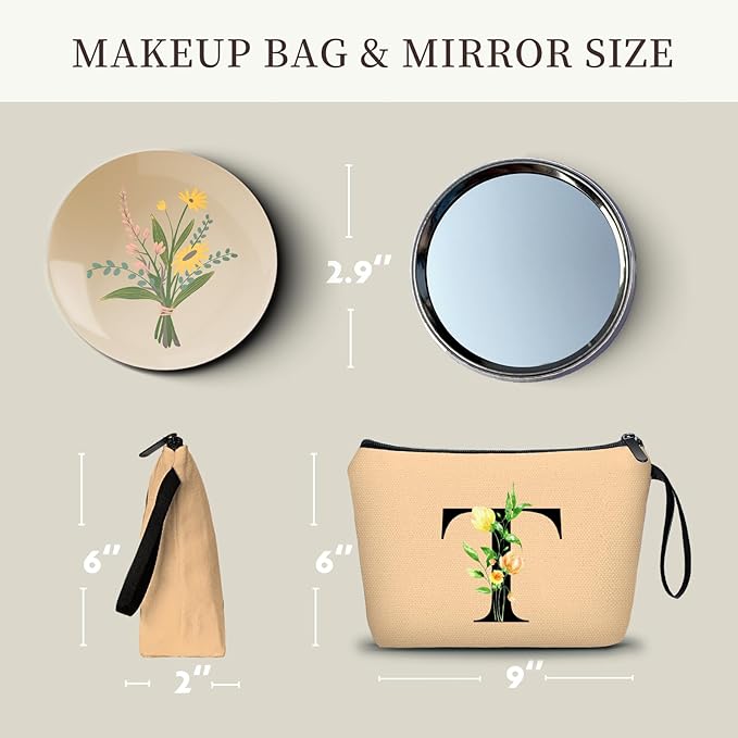 Women Birthday Unique Bride to be Bridal Shower Initial Gifts for Mom Sister Friend Her Teacher Aunt Makeup Cosmetic Bag with Mirror Mothers Day Christmas Graduation T