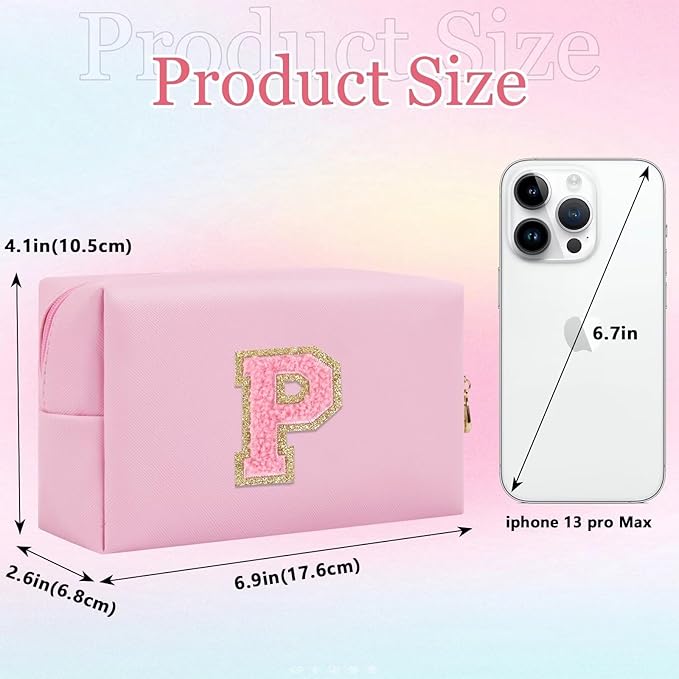 Small Personalized Glitter Initial Letter Makeup Bag, Cute PU Leather Chenille Letters Cosmetic Bag Travel Makeup Pouch, Preppy Travel Organizer Zipper Pouch for Women&Girls（PinkPink-P）