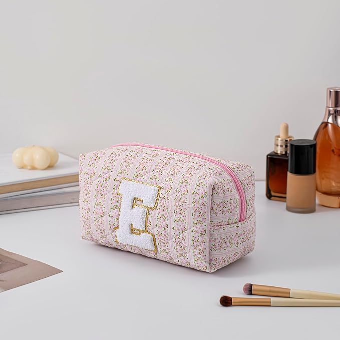 JOVAKIT Makeup Bag Cosmetic Bags for Women, Christmas Gifts for Girls Age 6-18, Alphabet Pink Floral Coquette Zipper Travel Makeup Pouch, Organizer Case Trendy Stuff (Pink Floral E)