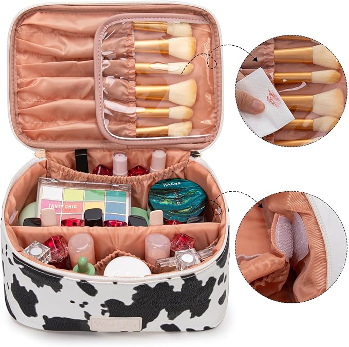 Montana West X Wrangler Travel Makeup Bag 2pcs Set Large Cosmetic Bag with Makeup Brush Holder Portable Make Up Organizer Cute Toiletry Bag with Divider and Handle for Women Cow Brown