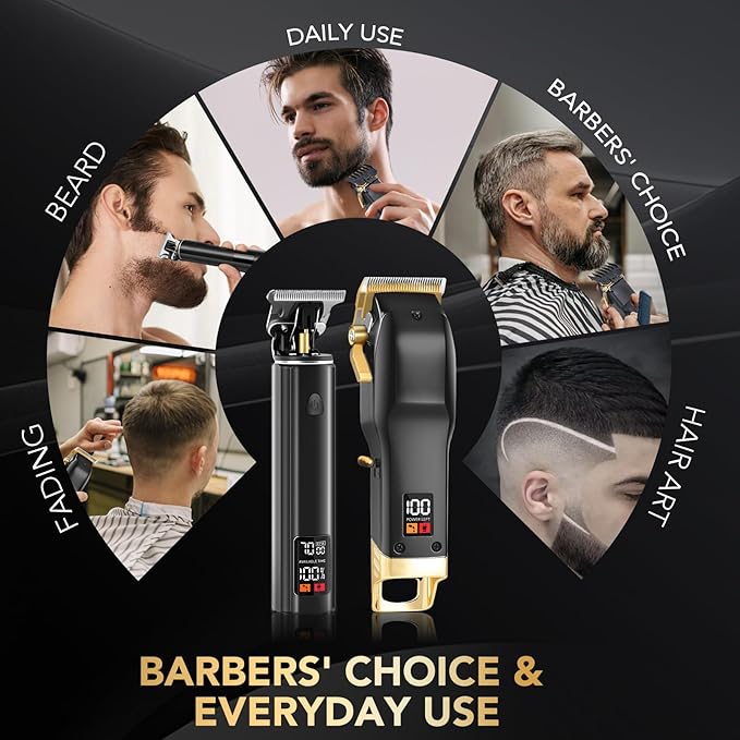 Hair Clippers for Men, Professional Cordless Barber Set with LED Display, 14 Guide Combs, Rechargeable Electric Shaver & Trimmer Kit (Black)