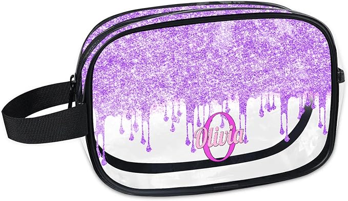 Personalized Travel Cosmetic Bag Waterproof Makeup Bags, Custom Name Clear PVC Organizer Case Toiletries Container Bag, Romantic Purple Curtain Glittering