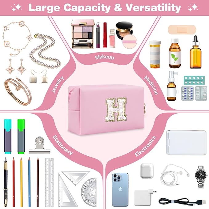 Small Personalized Initial A-Z Patch Makeup Bag,Pink Cute PU Leather Glitter Letter Cosmetic Bag for Teen Girls,Travel Toiletry Bag with Zipper,Preppy Monogrammed Birthday Gift for Daughter Niece H