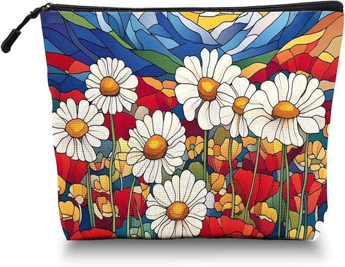 Cosmetic Bags Travel Makeup Toilet Case Waterproof Pouch for Women Girls 6.7X9.45inches - Stained - Glass Style Landscape With Daisies And Poppies