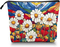 Cosmetic Bags Travel Makeup Toilet Case Waterproof Pouch for Women Girls 6.7X9.45inches - Stained - Glass Style Landscape With Daisies And Poppies