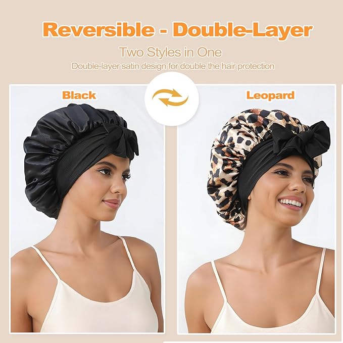 GDTOGRT Satin Silk Bonnet for Sleeping Women - Double Layer Sleep Hair Bonnets Caps for Curly Braid Hair with Tie Band