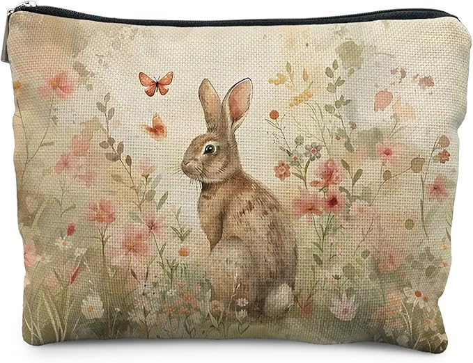 Floral Bunny Makeup Bag, Bunny Gifts for Women, Vintage Wildflower Rabbit Cosmetic Bags for Women, Rabbit Lover Gifts, Cute Animal Zipper Makeup Pouch