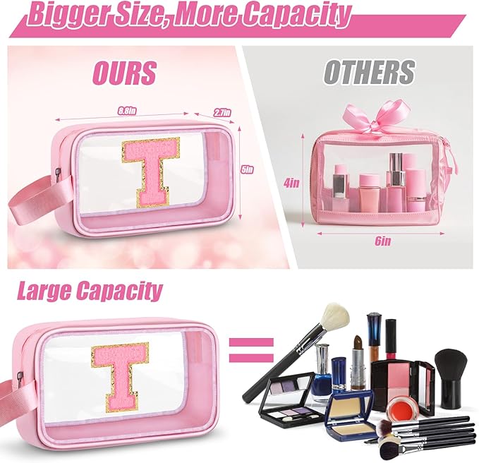 Initial Makeup Bag,Letter T Cute Clear Monogrammed Cosmetic Travel Bag for Womens Girls,Personalized Pink Aesthetic Traveling Make Up Organizer Bag for Beach,Waterproof Toiletry Bag
