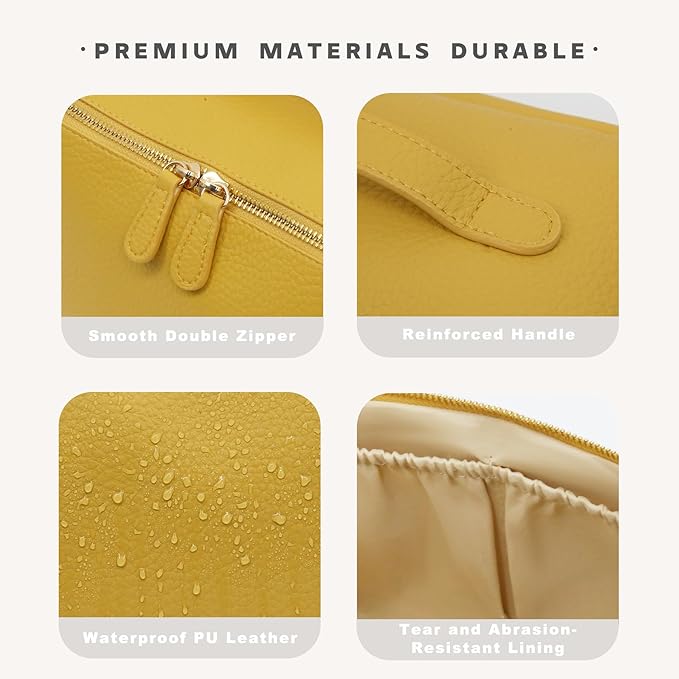 Travel Makeup Bag – Large Cosmetic Organizer with Waterproof PU Leather, Smooth Double Zipper & Tear-Resistant Lining, Toiletry Pouch for Women (Yellow)