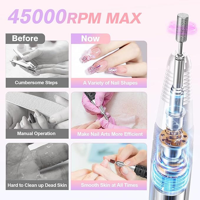 Beloving Portable Nail Drill Professional, 45000RPM Rechargeable Nail Drill Electric File Machine for Acrylic Gel Polish Remover, Cordless Nail Kit for Manicure Pedicure with 11 Bits for Salon (Black)