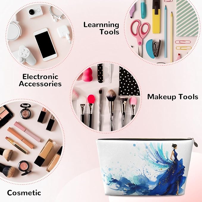 Womens Leather Makeup Bag Cosmetic Bag Travel Toiletry Bags Make Up Bags for Women Adult (Elegant Blue Lady)