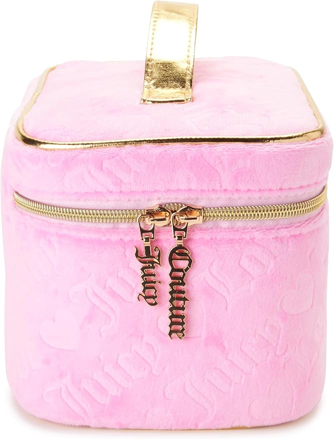 Juicy Couture Pink Makeup Bag Cosmetics Organizer Travel Essentials Train Case Velour Heart Logo