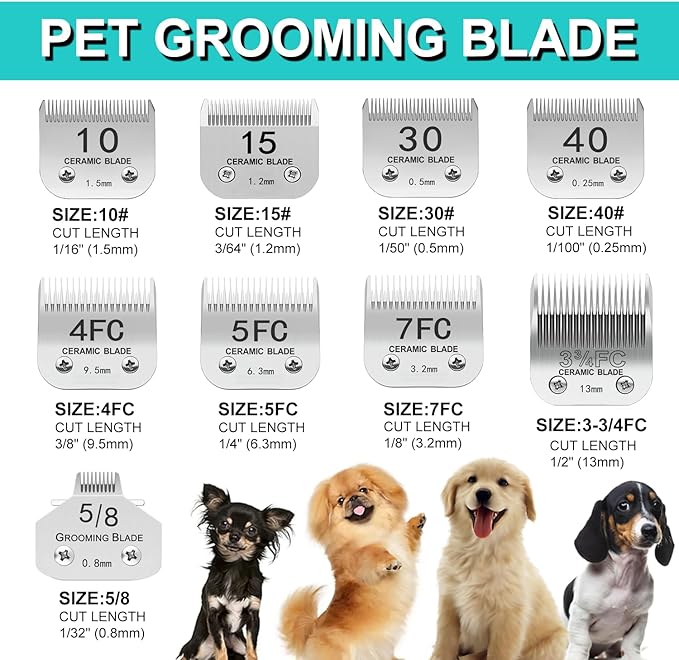 Docal Detachable Clipper Ceramic Blades 10#/30#/40#/3FC/4FC/5FC/7FC Silver, Dog Grooming Clipper Replacement Blades Compatible with KM Series Clippers, Most A5, Cut Length 0.25mm to 13mm, 7 Packs