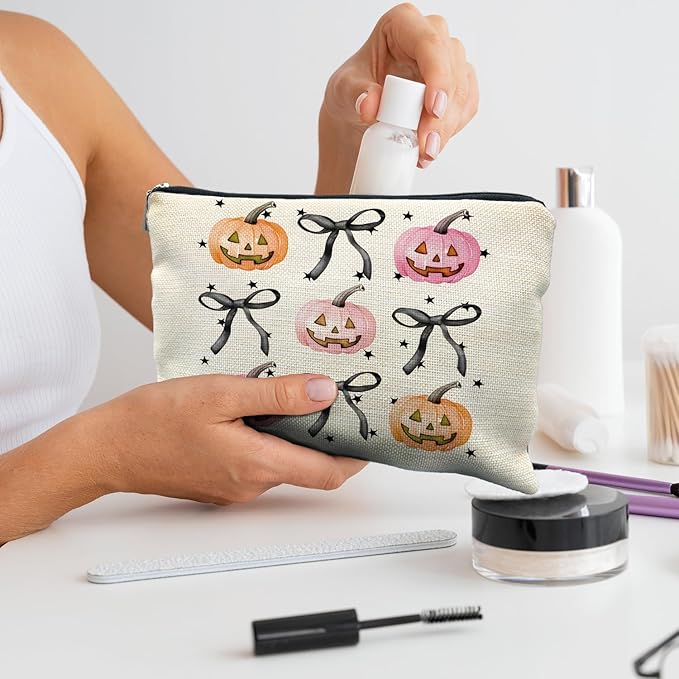 Halloween Makeup Bag - Pink and Orange Pumpkin Cosmetic Bag with Black Coquette Bow for Women