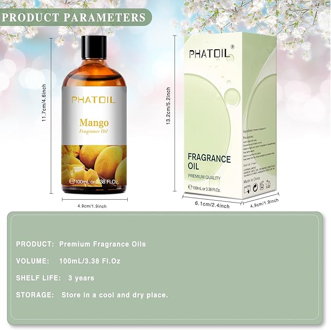 PHATOIL 3.38FL.OZ Mango Fragrance Oils for Aromatherapy, Essential Oils for Diffusers for Home, Perfect for Diffuser, Yoga, Skin Care, DIY Candle and Soap Making - 100ml