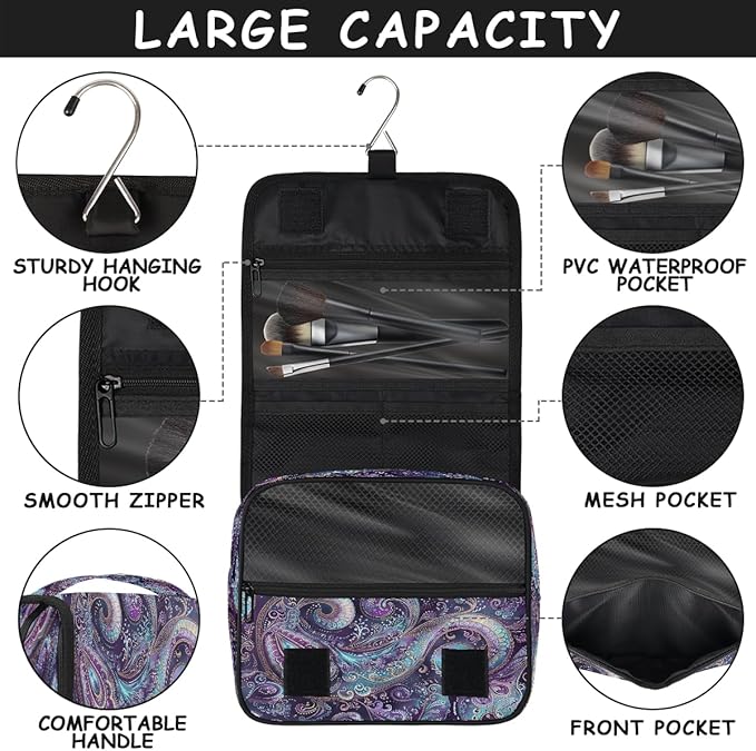 Travel Toiletry Bag for Women & Men Ethnic Purple Paisley Hanging Cosmetic Organizer Portable Waterproof Makeup Case Make Up Bag with Compartments Travel Essentials for Bathroom Shower