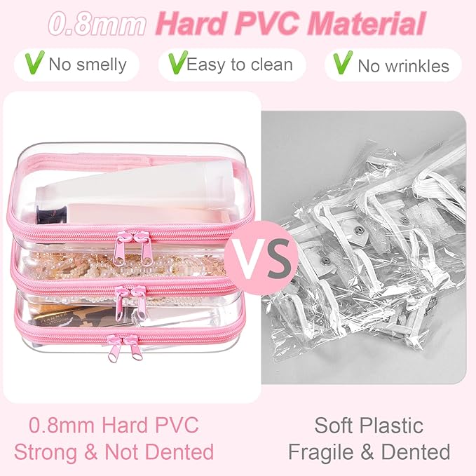 Hoolerry 3 Pcs Clear Hard Zipper Case Plastic Pouch Transparent Hard Case Clear Makeup Bag Portable Travel Organizer Bin for Cosmetics, Building Blocks, Puzzles(Pink,S)