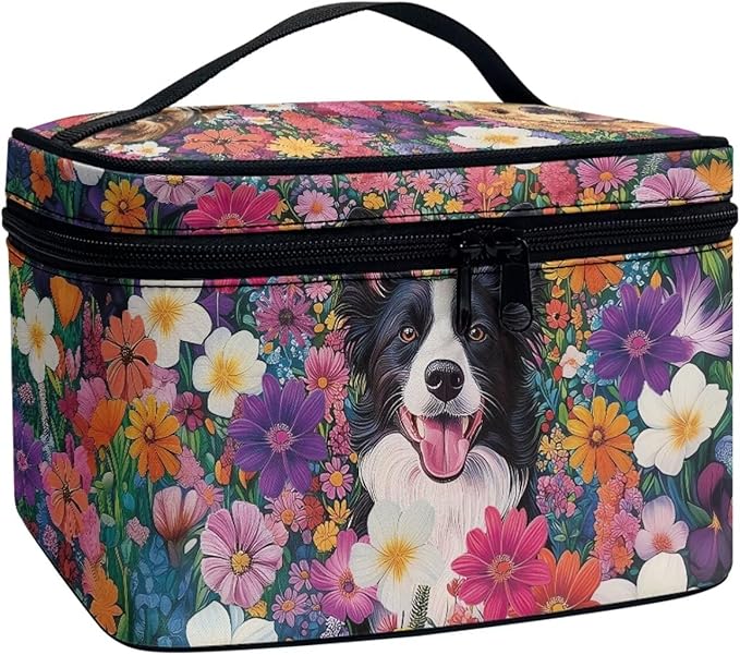 JoyLamoria Collie and Flower Cosmetic Bag Outdoor Travel Makeup Bag Cute Cosmetic Wallet Coin Purse for Teens