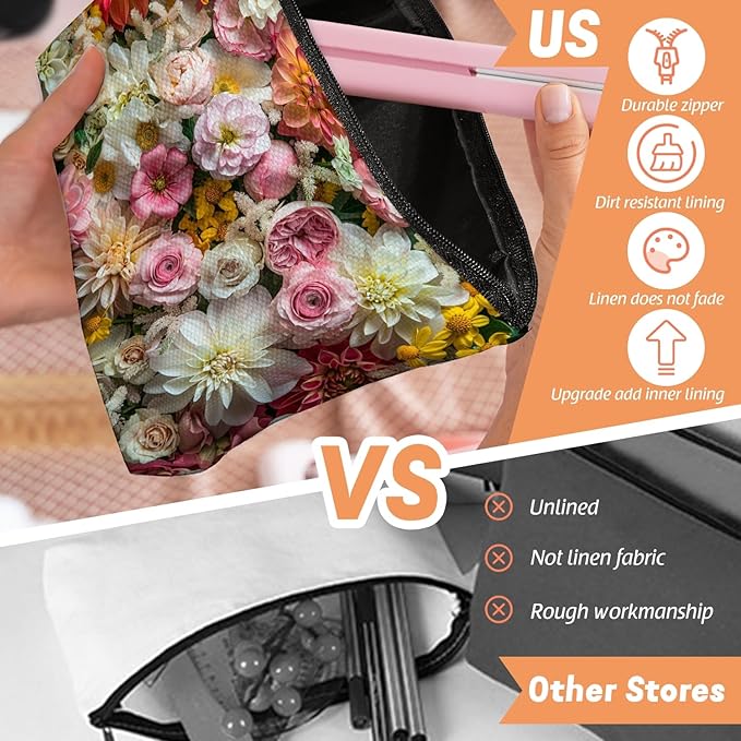 Makeup Bag Travel Cosmetic Bags Small Makeup Case Waterproof Zipper Pouch for Women Girls 7X9inches - Exuberant Array of Multicolored Fresh Flowers