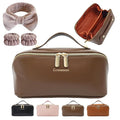 Makeup Bag, Travel Toiletry Bag for Women, Large Capacity Waterproof Plain Pattern PU Leather Cosmetic Bags Make Up Organizer Bags with Headband and Wristband Set (Brown)