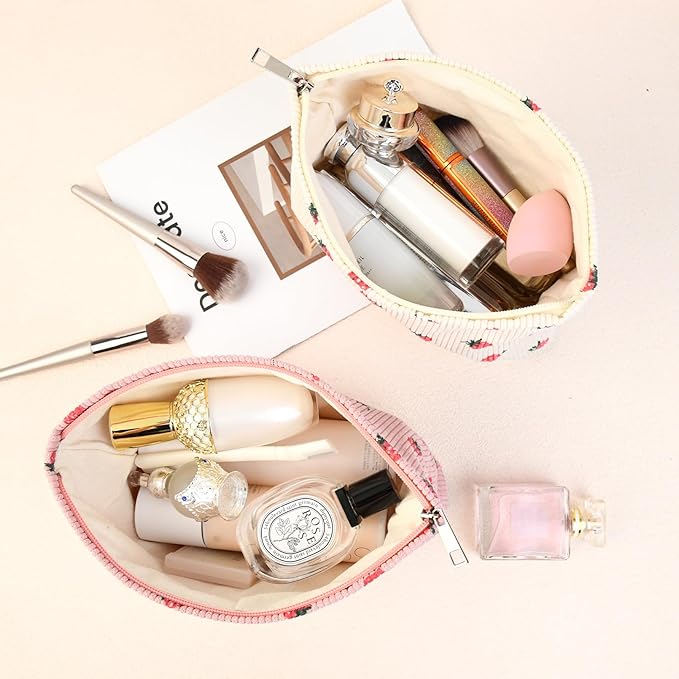 SOIDRAM 2 Pcs Cute Makeup Bag Large Cosmetic Bag Toiletry Bag Makeup Pouch Travel Bag Organizer Cute Makeup Brushes Aesthetic Accessories Storage Bag for Women Strawberry Pink Beige