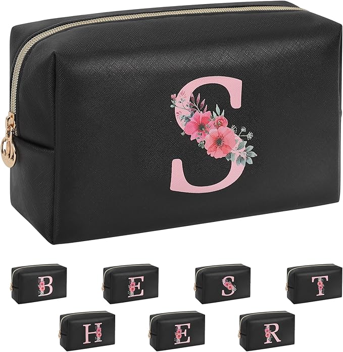 Personalized Initial Makeup Bag, Birthday Gifts for Women and Girls, Small Makeup Pouch Travel Toiletry Bag, Make Up Organizer Bag Gift Trendy Stuff for Friend Mom Teacher, Black