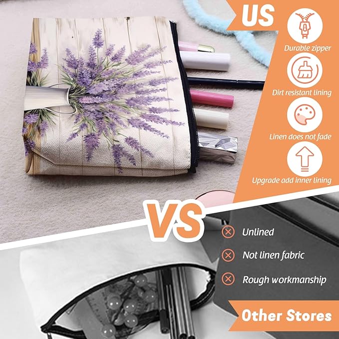 Cosmetic Bags Travel Makeup Toilet Case Waterproof Pouch for Women Girls 6.7X9.45inches - Lavender in A White Pitcher on A White - Wood Background