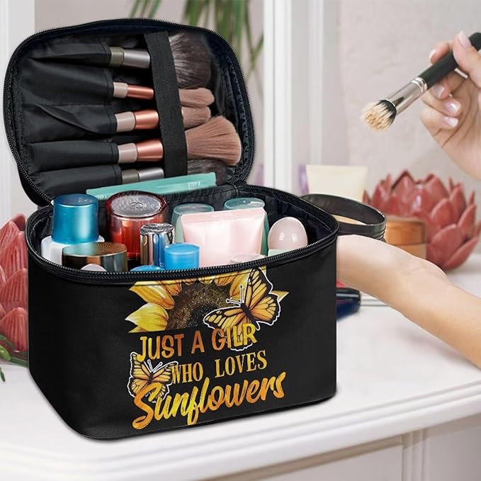 JoyLamoria Inspiring Sunflower Butterfly Cosmetic Bag Travel Women Girls Makeup Bag Wallet Coin Purse