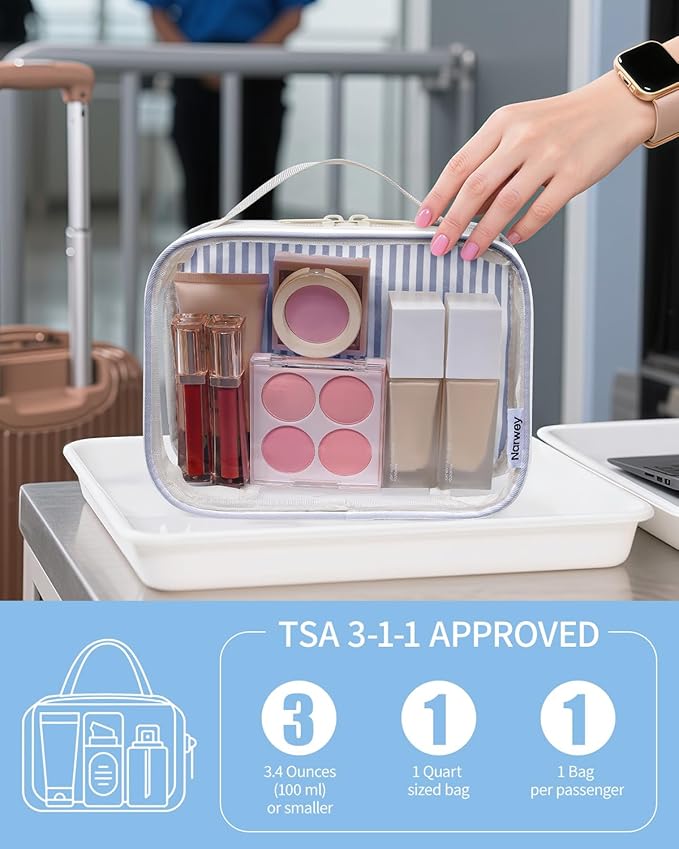 Narwey TSA Approved Clear Toiletry Bag for Travel, Waterproof PVC Clear Makeup Bags, Portable Compact Cosmetic Bag Make Up Organizer, Airport Airline Quart Size Compliant Bag (Greyish Blue Stripe)