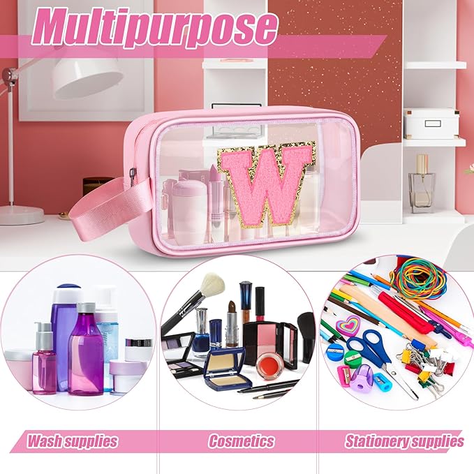 Initial Makeup Bag,Letter W Cute Clear Monogrammed Cosmetic Travel Bag for Womens Girls,Personalized Pink Aesthetic Traveling Make Up Organizer Bag for Beach,Waterproof Toiletry Bag