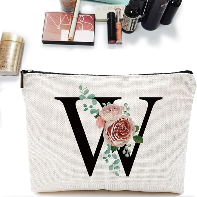 Initial A-Z Personalized Makeup Bag, Monogrammed Bridesmaid Gifts/Presents Cosmetic Bag, Portable Stationary Storage Organizer Pouch, Friendship Love Travel Makeup Bags